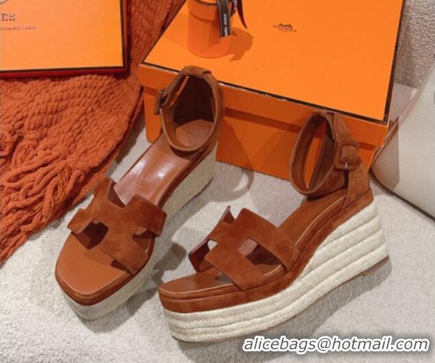 Charming Hermes Elda Suede Platform Wedge Sandals 8.5cm Brown 014022