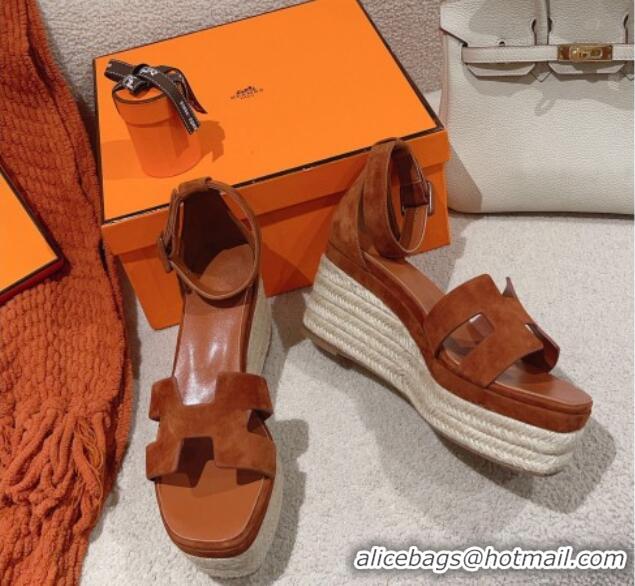 Charming Hermes Elda Suede Platform Wedge Sandals 8.5cm Brown 014022