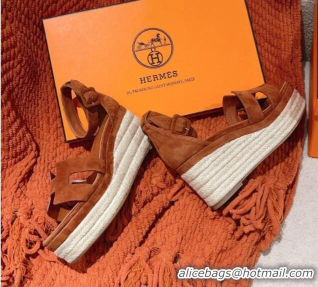 Charming Hermes Elda Suede Platform Wedge Sandals 8.5cm Brown 014022