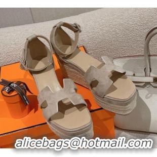 Best Grade Hermes Elda Suede Platform Wedge Sandals 8.5cm Grey 014023