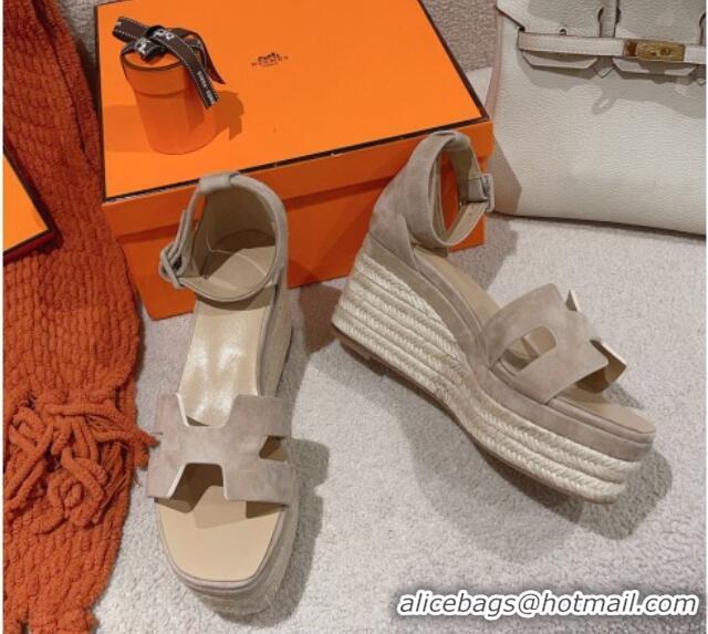 Best Grade Hermes Elda Suede Platform Wedge Sandals 8.5cm Grey 014023