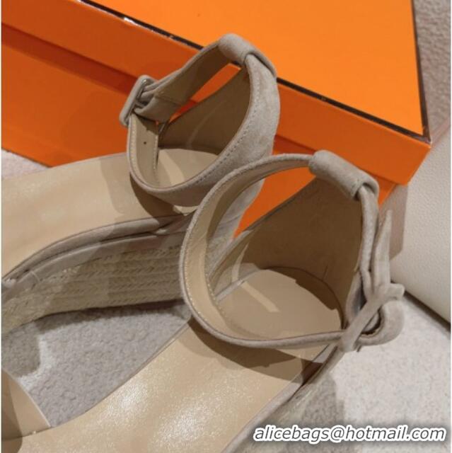 Best Grade Hermes Elda Suede Platform Wedge Sandals 8.5cm Grey 014023