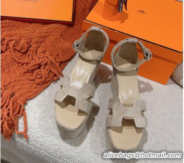 Best Grade Hermes Elda Suede Platform Wedge Sandals 8.5cm Grey 014023