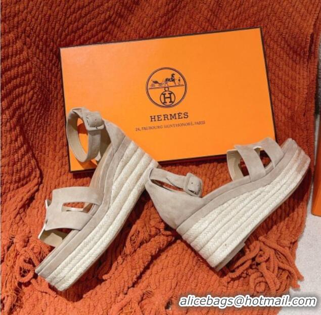 Best Grade Hermes Elda Suede Platform Wedge Sandals 8.5cm Grey 014023