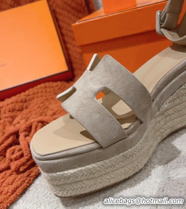 Best Grade Hermes Elda Suede Platform Wedge Sandals 8.5cm Grey 014023