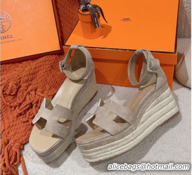 Best Grade Hermes Elda Suede Platform Wedge Sandals 8.5cm Grey 014023