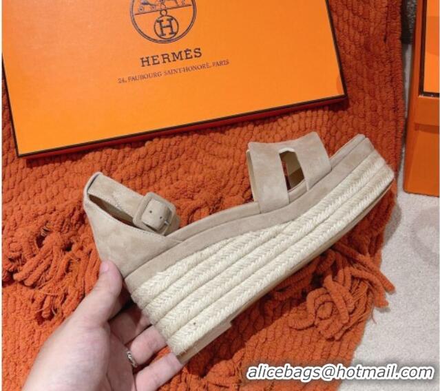 Best Grade Hermes Elda Suede Platform Wedge Sandals 8.5cm Grey 014023