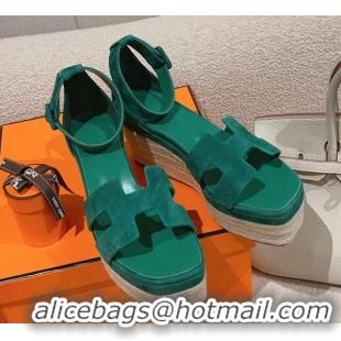 Low Cost Hermes Elda Suede Platform Wedge Sandals 8.5cm Green 014024