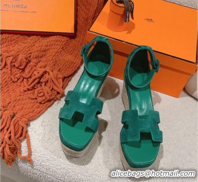 Low Cost Hermes Elda Suede Platform Wedge Sandals 8.5cm Green 014024