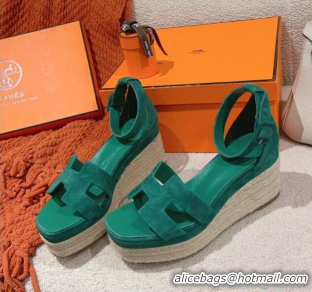 Low Cost Hermes Elda Suede Platform Wedge Sandals 8.5cm Green 014024