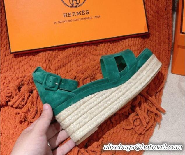 Low Cost Hermes Elda Suede Platform Wedge Sandals 8.5cm Green 014024