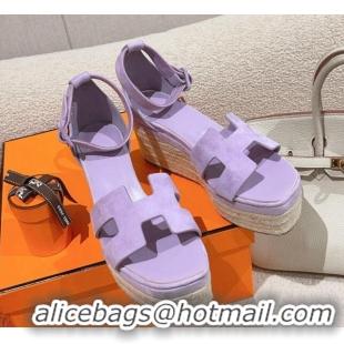 Luxurious Hermes Elda Suede Platform Wedge Sandals 8.5cm Purple 014025