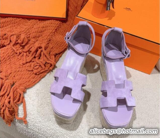 Luxurious Hermes Elda Suede Platform Wedge Sandals 8.5cm Purple 014025