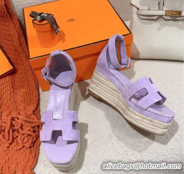 Luxurious Hermes Elda Suede Platform Wedge Sandals 8.5cm Purple 014025