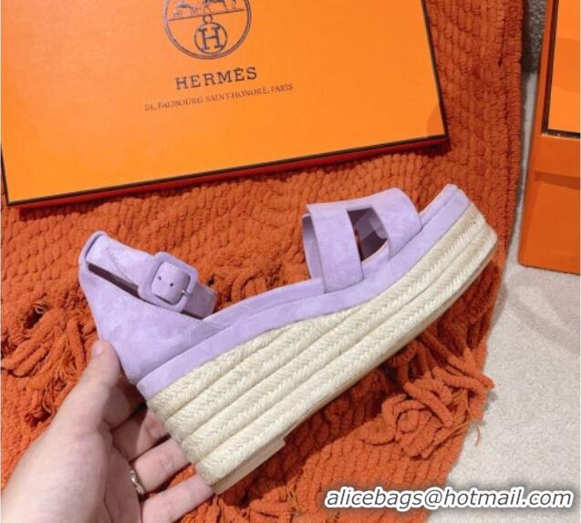 Luxurious Hermes Elda Suede Platform Wedge Sandals 8.5cm Purple 014025