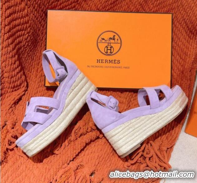 Luxurious Hermes Elda Suede Platform Wedge Sandals 8.5cm Purple 014025