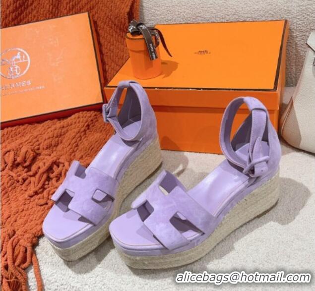 Luxurious Hermes Elda Suede Platform Wedge Sandals 8.5cm Purple 014025