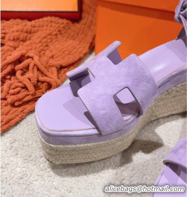 Luxurious Hermes Elda Suede Platform Wedge Sandals 8.5cm Purple 014025