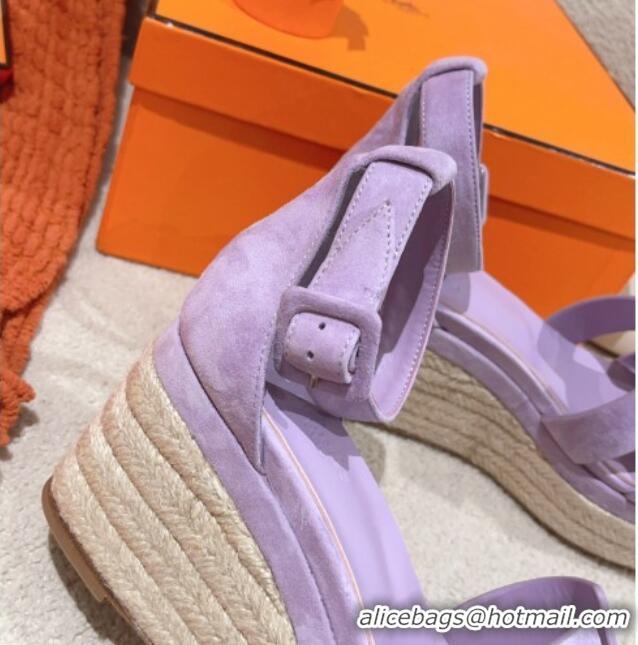 Luxurious Hermes Elda Suede Platform Wedge Sandals 8.5cm Purple 014025