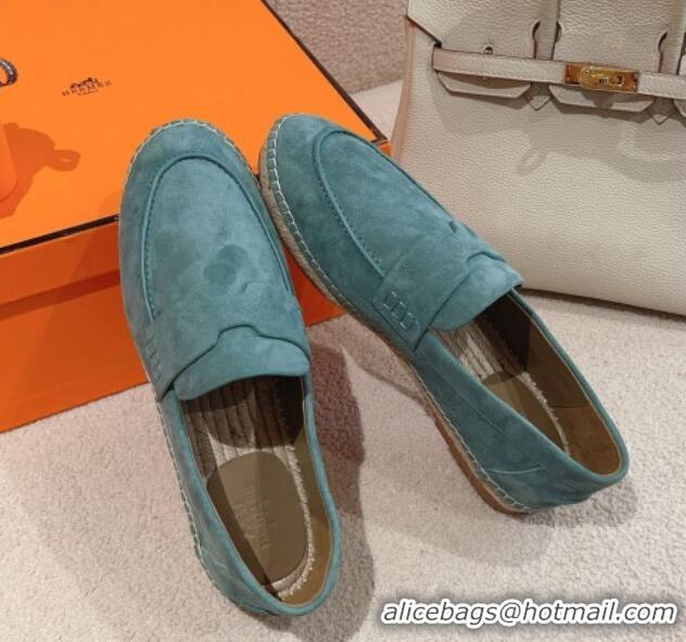 Top Design Hermes Trip Espadrilles Flat in Suede Blue 014027