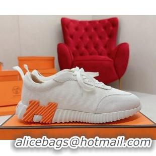 Sumptuous Hermes Bouncing Sneakers in Knit Fabric and Suede White/Orange 014030