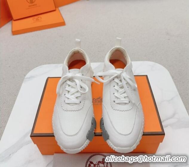 Sumptuous Hermes Bouncing Sneakers in Knit Fabric and Suede White/Orange 014030