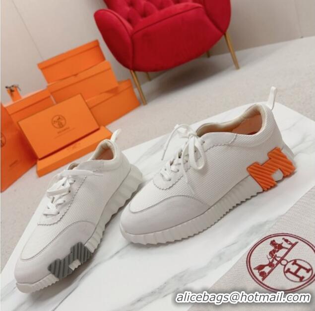 Sumptuous Hermes Bouncing Sneakers in Knit Fabric and Suede White/Orange 014030