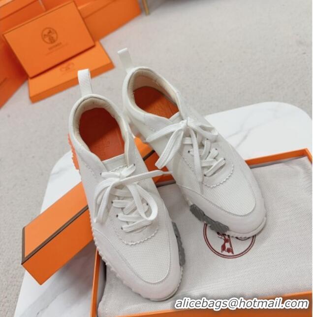 Sumptuous Hermes Bouncing Sneakers in Knit Fabric and Suede White/Orange 014030