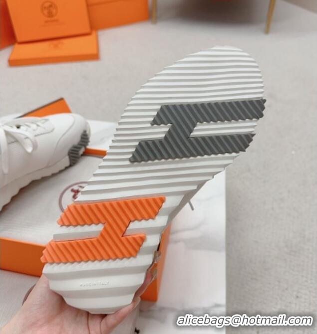 Sumptuous Hermes Bouncing Sneakers in Knit Fabric and Suede White/Orange 014030