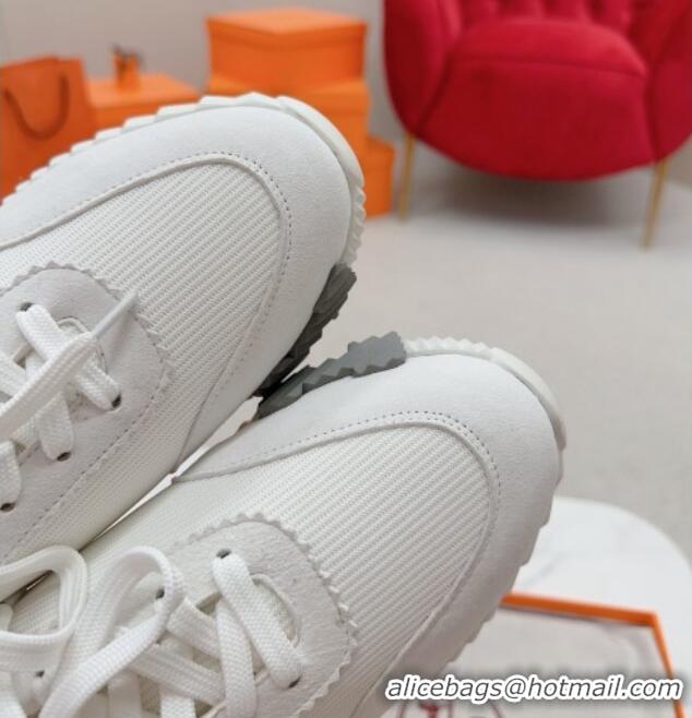 Sumptuous Hermes Bouncing Sneakers in Knit Fabric and Suede White/Orange 014030