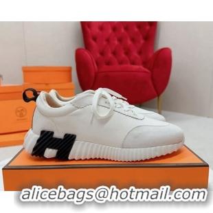 Unique Style Hermes Bouncing Calfskin and Suede Sneakers White/Black 014032