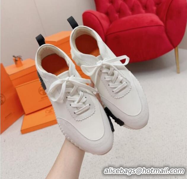 Unique Style Hermes Bouncing Calfskin and Suede Sneakers White/Black 014032