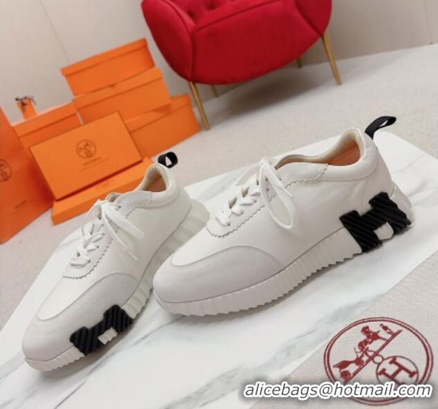 Unique Style Hermes Bouncing Calfskin and Suede Sneakers White/Black 014032