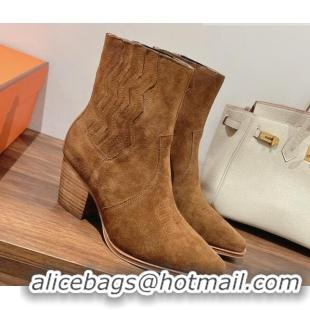 Good Looking Hermes Vegas Ankle Boots in Embroidered Suede Brown 014033