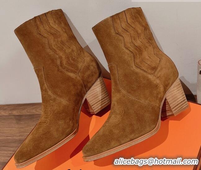 Good Looking Hermes Vegas Ankle Boots in Embroidered Suede Brown 014033