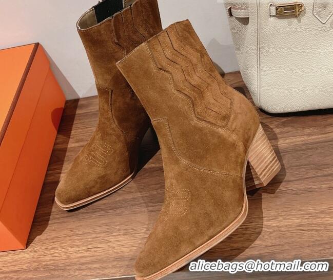 Good Looking Hermes Vegas Ankle Boots in Embroidered Suede Brown 014033