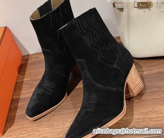 Best Product Hermes Vegas Ankle Boots in Embroidered Suede Black 014034