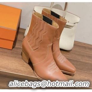 Top Grade Hermes Vegas Ankle Boots in Embroidered Calfskin Brown 014036