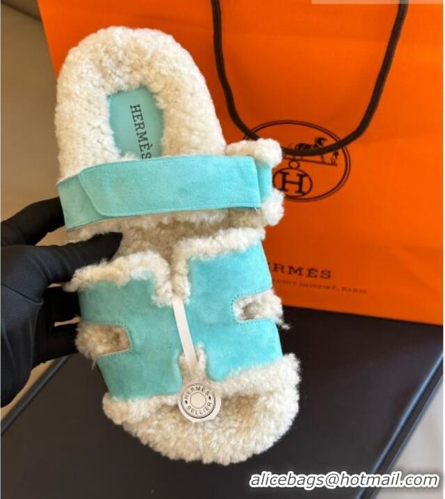 Popular Style Hermes Chypre Flat Sandals in Suede and Shearling Light Blue 027002