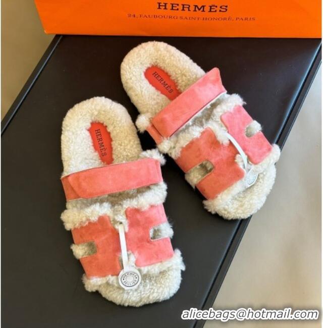 Beautiful Hermes Chypre Flat Sandals in Suede and Shearling Light Pink 027003