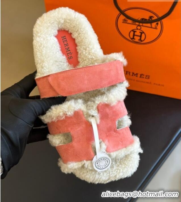 Beautiful Hermes Chypre Flat Sandals in Suede and Shearling Light Pink 027003