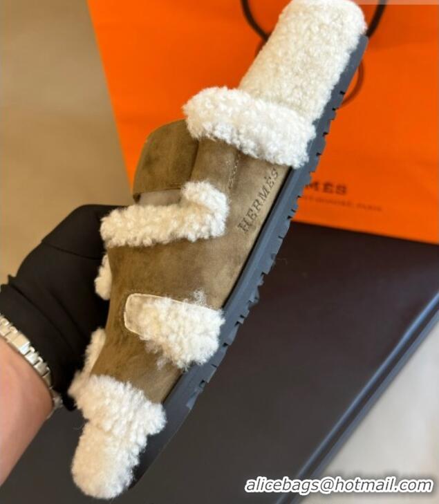 Best Price Hermes Chypre Flat Sandals in Suede and Shearling Khaki Grey 027006