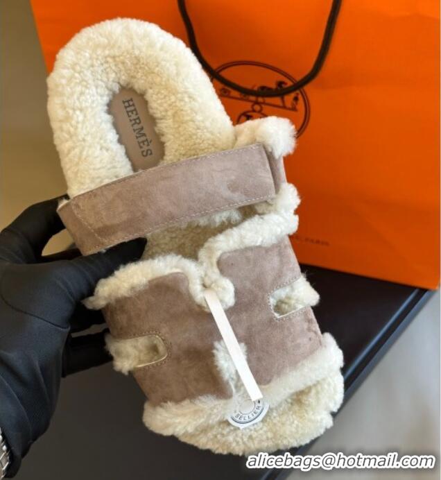 Most Popular Hermes Chypre Flat Sandals in Suede and Shearling Grey 027007