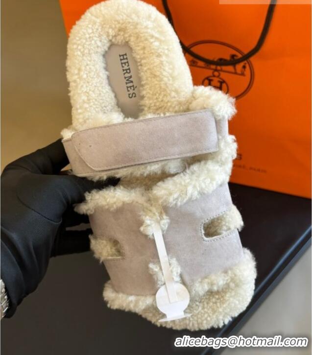 Luxurious Hermes Chypre Flat Sandals in Suede and Shearling Light Grey 027008