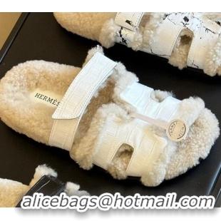 Best Quality Hermes Chypre Flat Sandals in Crocodile Embossed Leather White 027013