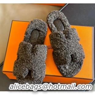 Big Discount Hermes Izmir Shearling Flat Slide Sandals Grey 027020