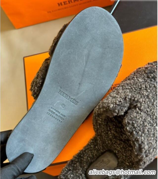 Big Discount Hermes Izmir Shearling Flat Slide Sandals Grey 027020