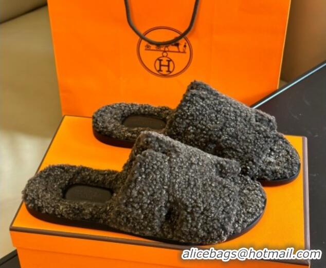 Big Discount Hermes Izmir Shearling Flat Slide Sandals Grey 027020