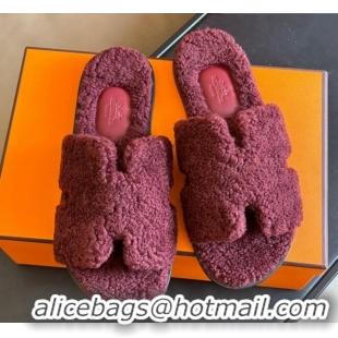 Best Luxury Hermes Izmir Shearling Flat Slide Sandals Purple 027021