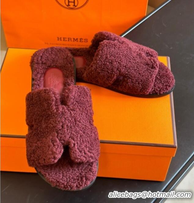 Best Luxury Hermes Izmir Shearling Flat Slide Sandals Purple 027021